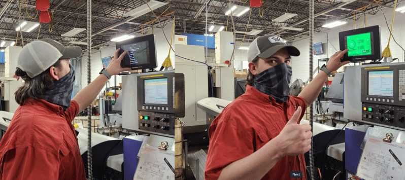 Production Data at the Machine and Operator Giving a Thumbs Up.