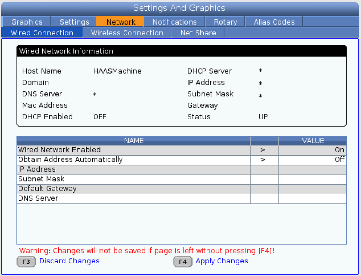 Haas Ethernet Connection Settings
