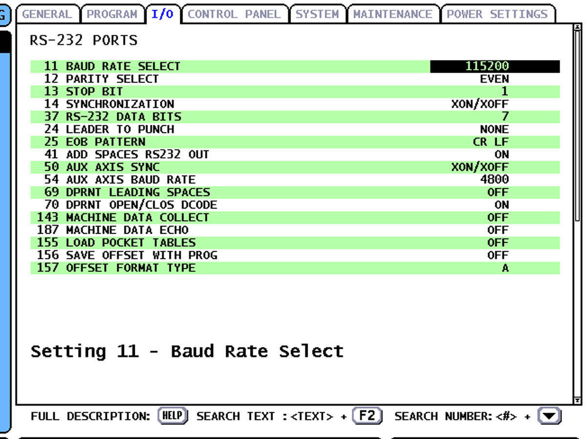 Haas I/O Settings.